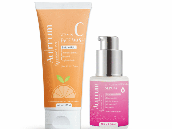 Aurrum Essence co | Brightening Facewash & Serum Combo | Vitamin C Facewash + Ultra Brightening Serum | Skin Brightening, Radiance & Glow, Deep Cleansing, Nourishment, Skin Smoothening, Even Skin Tone | Vitamin C, Niacinamide, Alpha Arbutin, Vitamin E, Vitamin B12 | Ayurvedic | (100+30 ml)