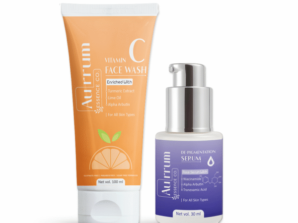 Aurrum Essence co | Brightening & Spots Reduction Combo | Vitamin C Facewash + De-Pigmentation Serum | Skin Brightening, De-Pigmentation, Radiance & Glow, Dark Spots Reduction, Skin Smoothening | Vitamin C, Niacinamide, Alpha Arbutin, Kojic Acid, Lactic Acid | Ayurvedic | (100+30 ml)