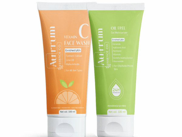 Aurrum Essence co | Skin Brightening facewash and moisturizer combo | Vitamin C Facewash, Oily free gel moisturizer | Skin Brightening, Nourishment & Moisturization, Radiance & Glow, Skin Smoothening, Skin Soothing | Niacinamide, Ceramide, Hyaluronic acid, Lime Oil, Centella Asiatica extract, Panthenol, Alpha Arbutin, Allantoin, Turmeric Extract | (100 +100 ml)