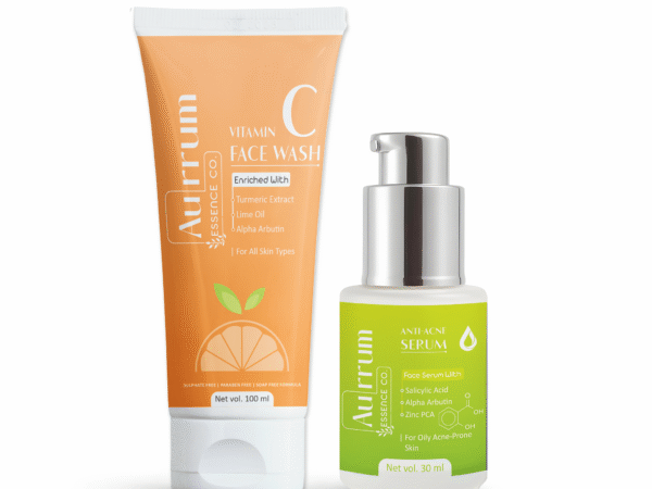 Aurrum Essence co | brightening and anti acti acne combo | 1 Vitamin C Facewash, 1 Anti -Acne Serum | Alpha arbutin, Zinc PCA, Salicylic acid, Lime Oil, Turmeric extract | Ayurvedic | (100+30 ml)