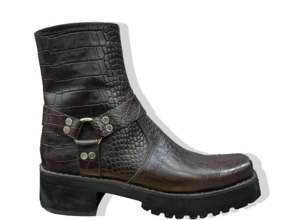 Men’s Brown Crocodile Texture Harness Ankle Boots – Premium Leather Biker & Casual Boots by Stepswift