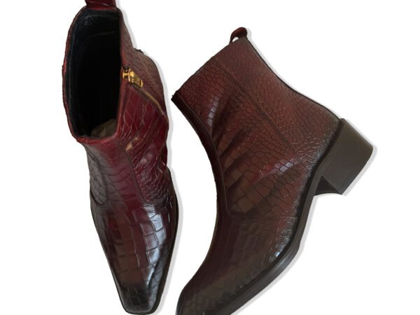 Brown Crocodile Texture Ankle Boots for Women | Side Zip Block Heel Boots | Stepswift