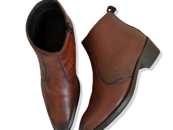 Brown Embossed Ankle Boots for Women | Stylish Block Heel Boots | Stepswift
