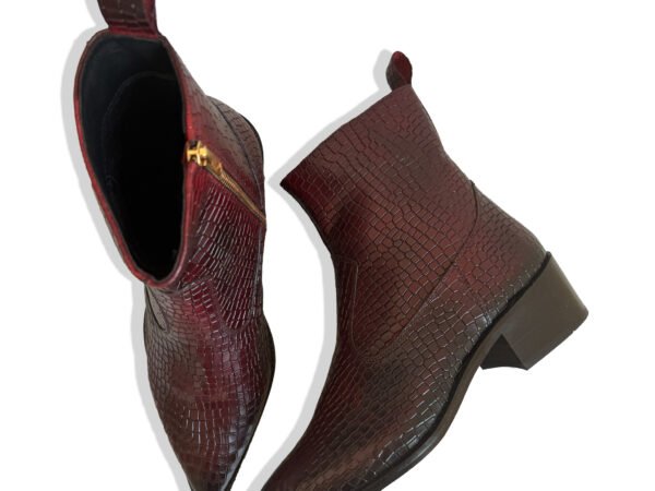 Brown Crocodile Texture Side Zip Ankle Boots for Women | Block Heel Boots | Stepswift