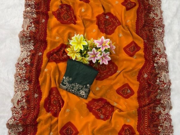 Designer Orange Bandhani Print Saree with Heavy Embroidered Lace Border | Wedding Party Wear Traditional Ethnic Saree for Women | Pristin