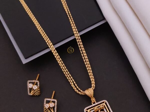 Elegant Gold Plated Square AD Pendant Necklace Set with Earrings | Designer Jewelry Set