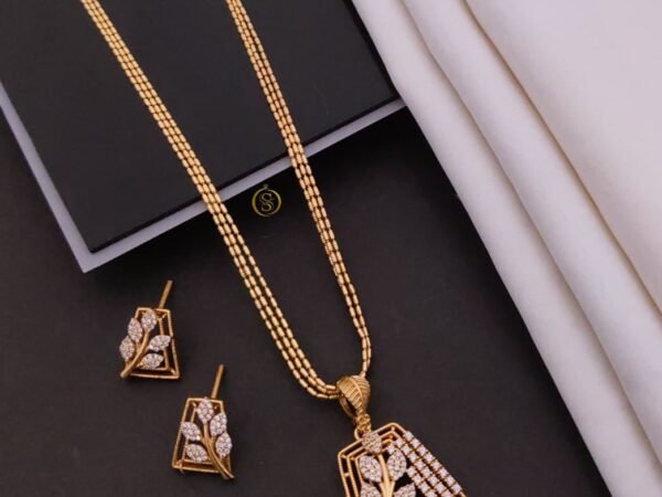 Elegant Gold Plated Leaf Design AD Pendant Necklace Set with Earrings | Party Wear Jewelry Set