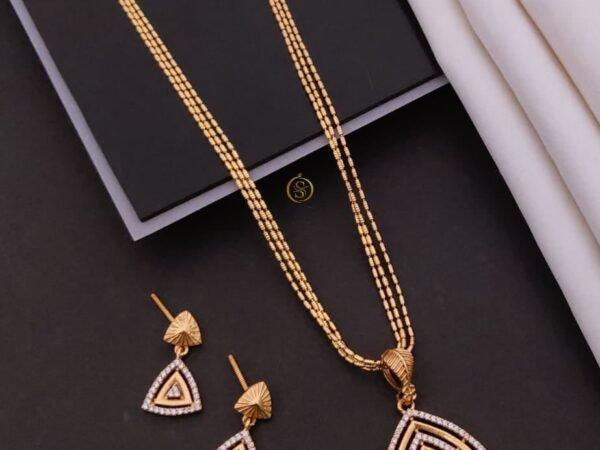 Elegant Gold Plated Triangle AD Pendant Necklace Set with Earrings | Party Wear Jewelry Set