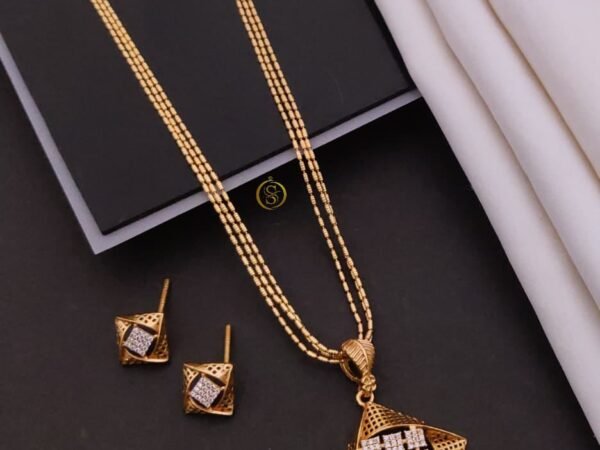Elegant Gold Plated Geometric AD Pendant Necklace Set with Earrings | Party Wear Jewelry Set