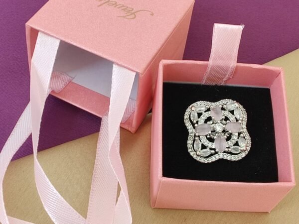 Luxury Pink Floral Crystal Adjustable Ring for Women | Premium Statement Party Wear Ring