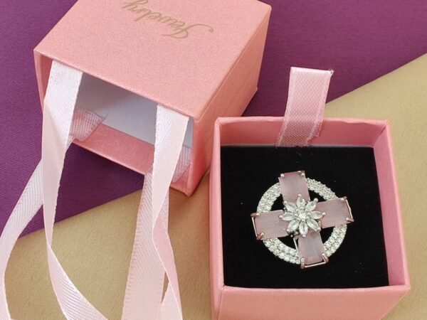 Luxury Pink Cross Crystal Adjustable Ring for Women | Premium Statement Party Wear Jewelry Ring
