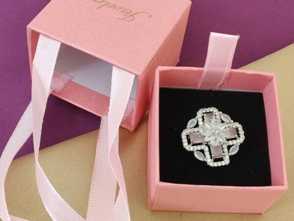 Luxury Pink Floral Crystal Adjustable Ring for Women | Premium Statement Party Wear Ring