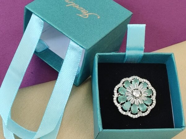 Luxury Mint Green Floral Crystal Adjustable Ring for Women | Premium Party Wear Jewelry Ring