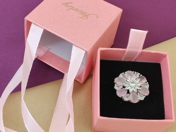 Luxury Pink Flower Crystal Adjustable Ring for Women | Premium Floral Party Wear Jewelry Ring