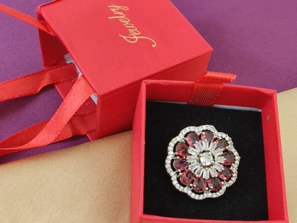 Luxury Ruby Red Crystal Adjustable Ring for Women | Premium Floral Party Wear Statement Ring