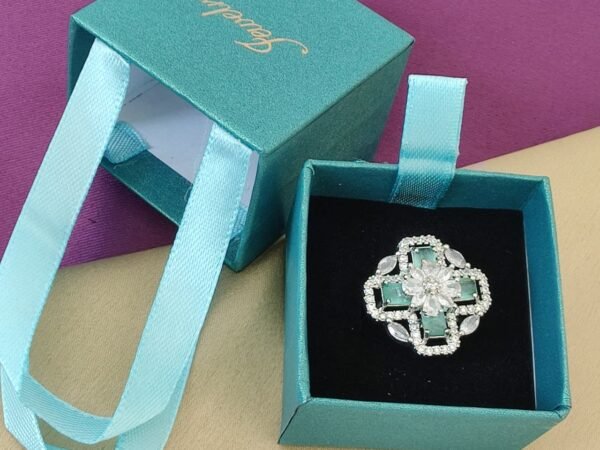 Luxury Aqua Green Crystal Adjustable Floral Ring for Women | Premium Designer Statement Ring