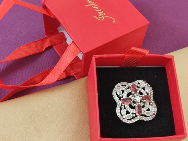 Luxury Red Crystal Floral Adjustable Ring for Women | Silver Plated Designer Party Wear Ring