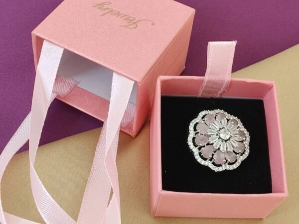 Shree Shine Pink Crystal Floral Adjustable Ring for Women | Silver Plated Party Wear Ring