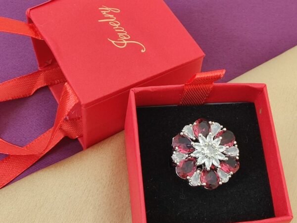 Shree Shine Red Crystal Floral Adjustable Ring for Women | Silver Plated Designer Ring