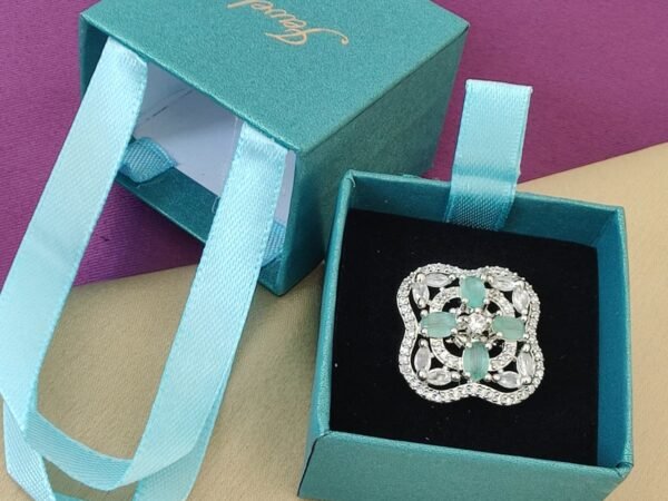 Luxury Mint Green Crystal Adjustable Ring for Women | Premium Designer Party Wear Jewelry Ring