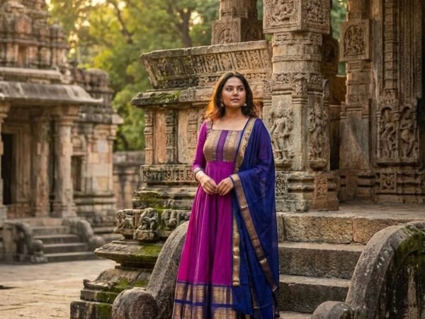 Women's Purple Anarkali Suit Set with Blue Banarasi Dupatta | Festive Ethnic Wear