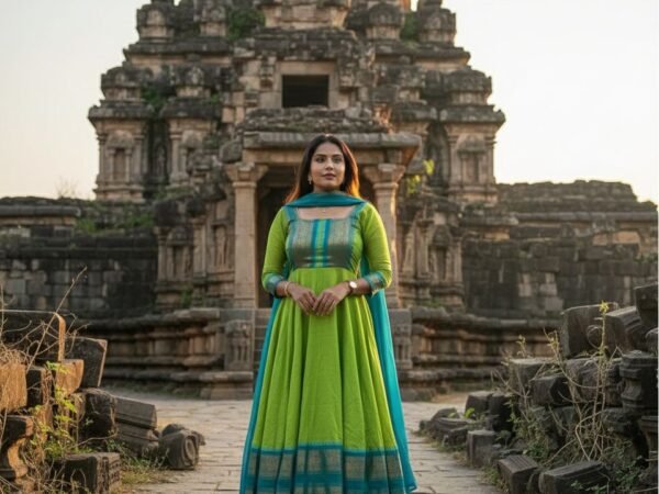 Women's Lime Green Anarkali Suit Set with Sky Blue Banarasi Dupatta | Festive Ethnic Wear