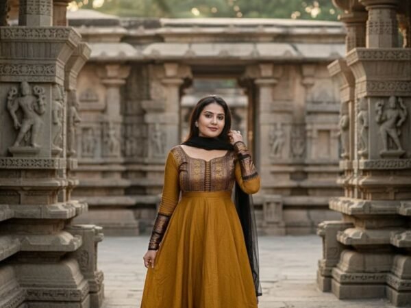 Mustard Banarasi Anarkali Suit Set with Black Dupatta for Women | Festive Wear