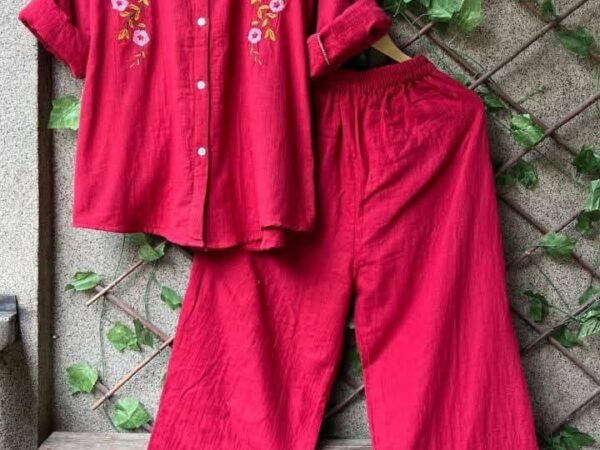 Wine Embroidered Co-Ord Set for Women | Cotton Shirt & Pant Set