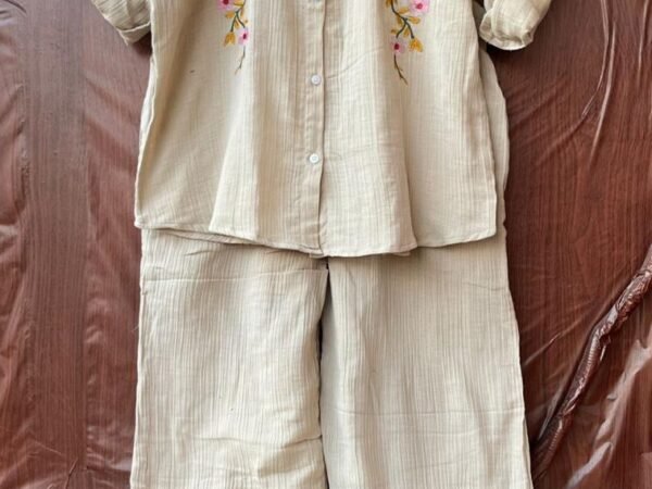 Beige Embroidered Co-Ord Set for Women | Cotton Shirt & Pant Set