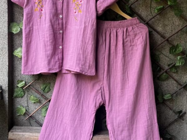 Pink Embroidered Co-Ord Set for Women | Cotton Shirt & Pant Set