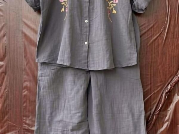 Grey Embroidered Co-Ord Set for Women | Cotton Shirt & Pant Set