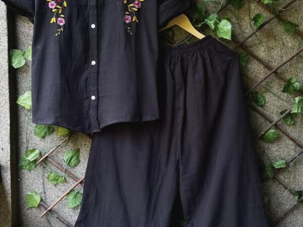 Black Embroidered Co-Ord Set for Women | Cotton Shirt & Pant Set