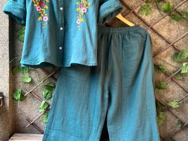 Teal Green Embroidered Co-Ord Set for Women | Cotton Shirt & Pant Set
