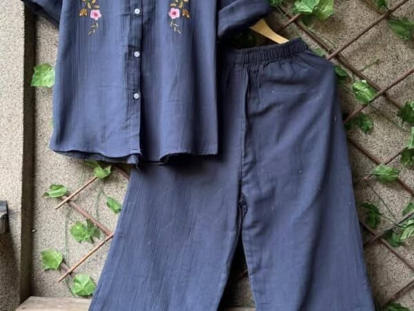 Steel Blue Embroidered Co-Ord Set for Women | Cotton Shirt & Pant Set