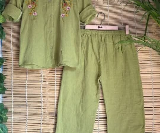 Light Olive Green Embroidered Co-Ord Set for Women | Cotton Shirt & Pant Set