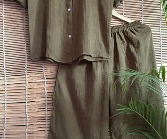 Olive Green Embroidered Co-Ord Set for Women | Cotton Shirt & Pant Set