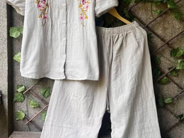 Cream Embroidered Co-Ord Set for Women | Cotton Shirt & Pant Set