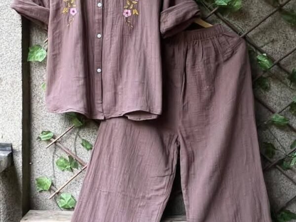 Coffee Brown Embroidered Co-Ord Set for Women | Cotton Shirt & Pant Set