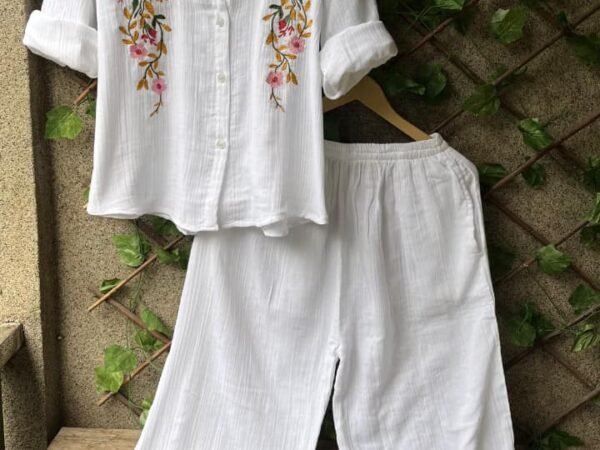 White Embroidered Co-Ord Set for Women | Cotton Shirt & Pant Set