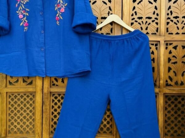 Royal Blue Embroidered Co-Ord Set for Women | Cotton Shirt & Pant Set