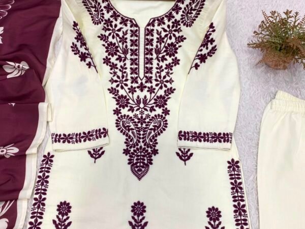 Women's White & Wine Embroidered Kurta Palazzo Set with Printed Dupatta | Cotton Ethnic Wear