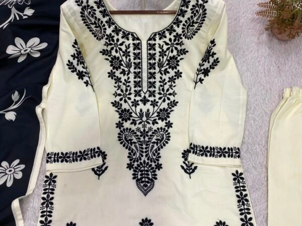 Women's White Embroidered Kurta Palazzo Set with Printed Dupatta | Cotton Ethnic Suit