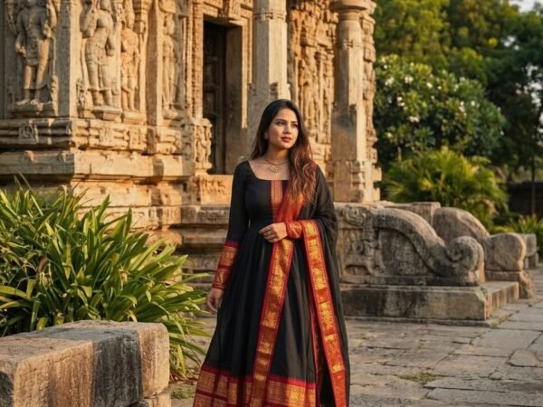 Women's Black Anarkali Suit Set with Banarasi Border & Net Dupatta | Festive Ethnic Wear