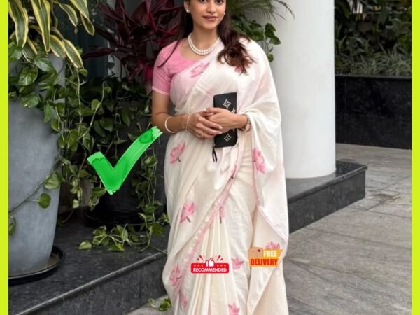 Women White and Pink Cotton Linen Saree | Elegant Soft Cotton Linen Saree for Women