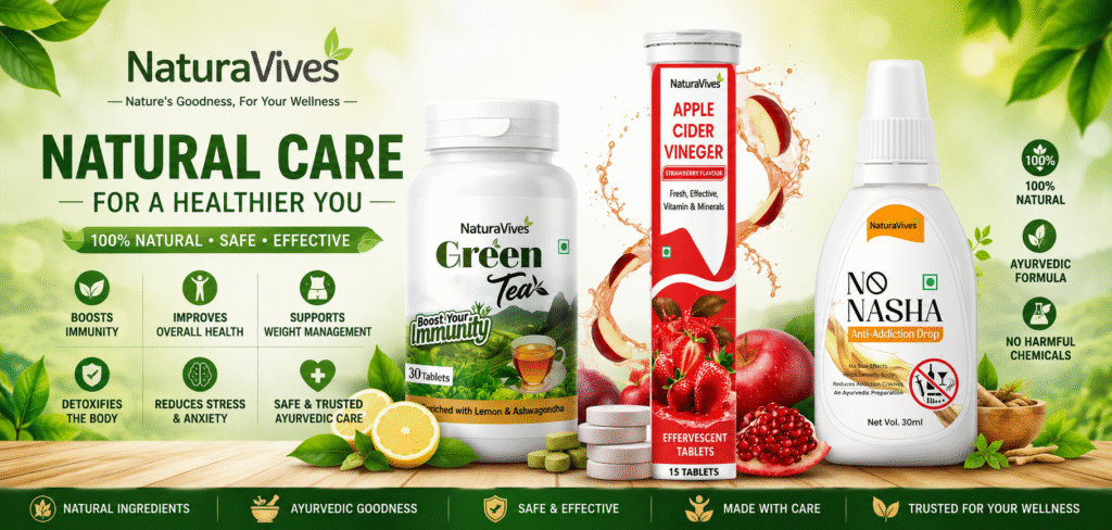 NaturaVives Ayurvedic wellness products banner featuring Green Tea Tablets, Apple Cider Vinegar Effervescent Tablets and No Nasha Anti-Addiction Drops