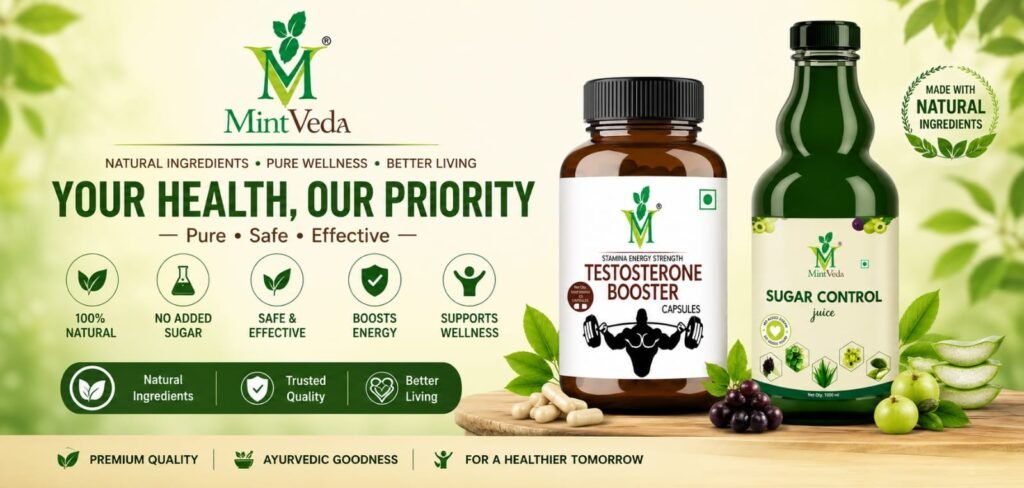 MintVeda Testosterone Booster Capsules and Sugar Control Juice herbal wellness products.