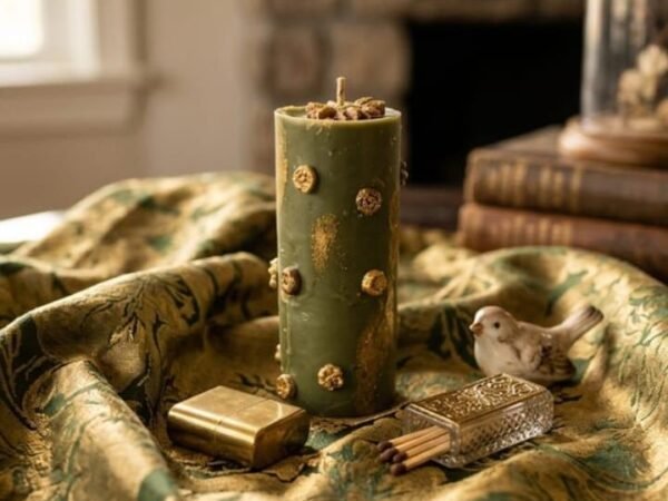 Handcrafted Herbal Pillar Candle | Decorative Green Wax Candle for Home Décor, Meditation & Gifting
