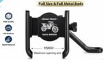 Universal Bike and Motorcycle Phone Holder with metal body, back mirror mounting design, 360-degree adjustable rotation, anti-slip grip, and secure smartphone holder for bikes, scooters, and motorcycles.