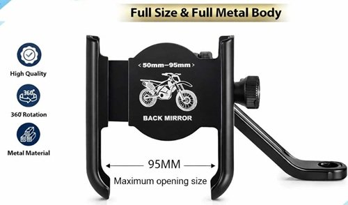Universal Bike and Motorcycle Phone Holder with metal body, back mirror mounting design, 360-degree adjustable rotation, anti-slip grip, and secure smartphone holder for bikes, scooters, and motorcycles.