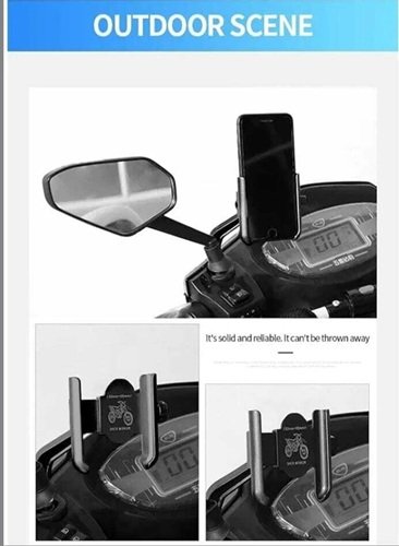 Universal Bike and Motorcycle Phone Holder with metal body, back mirror mounting design, 360-degree adjustable rotation, anti-slip grip, and secure smartphone holder for bikes, scooters, and motorcycles.